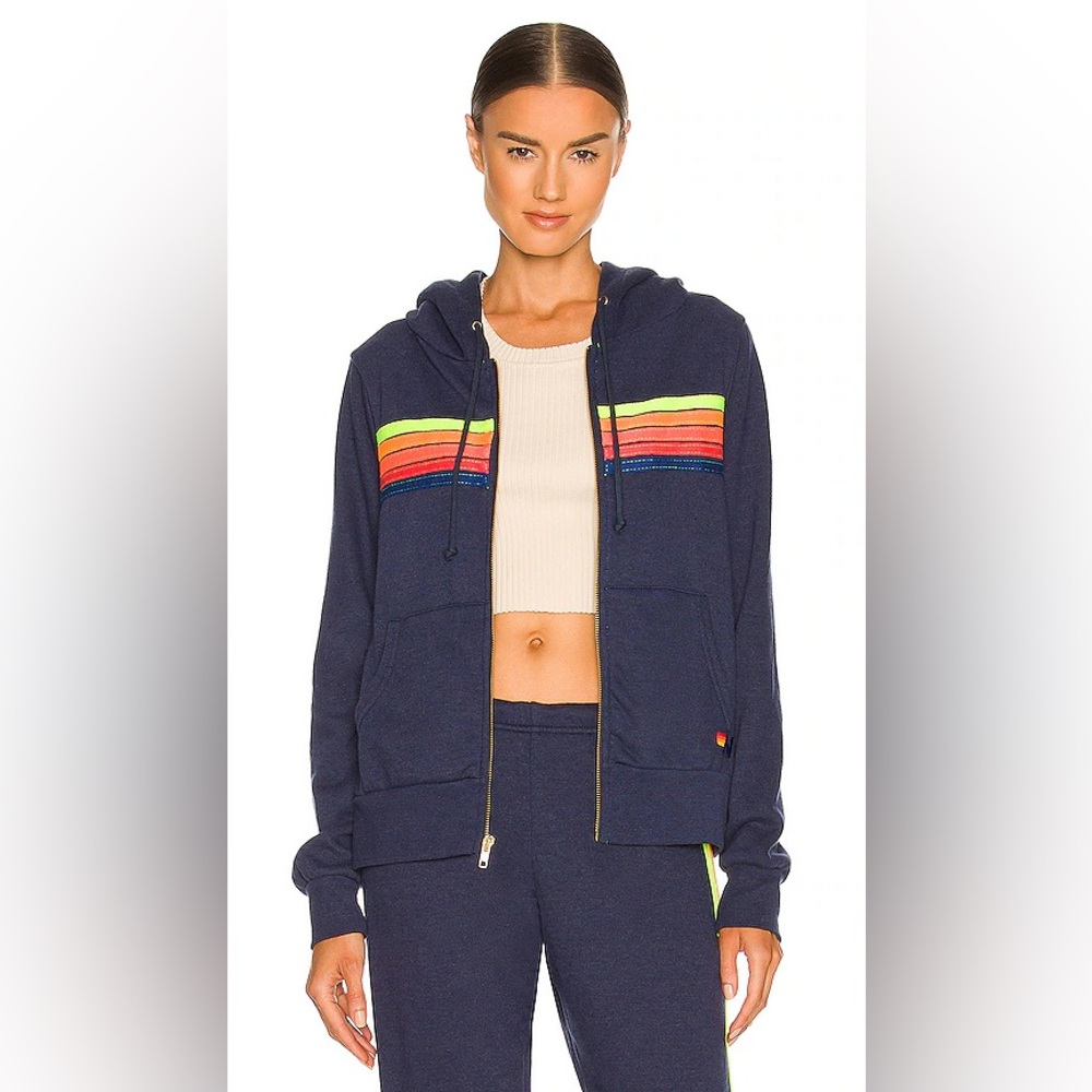 AVIATOR NATION 5 Stripe Zip Hoodie in Navy Blue & Neon Rainbow